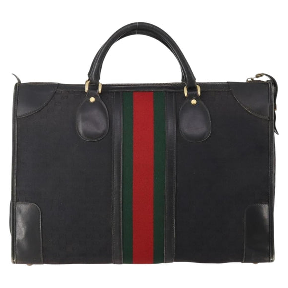 GUCCI GG Canvas Web Sherry Line Boston Bag Black Gold Auth 175830A