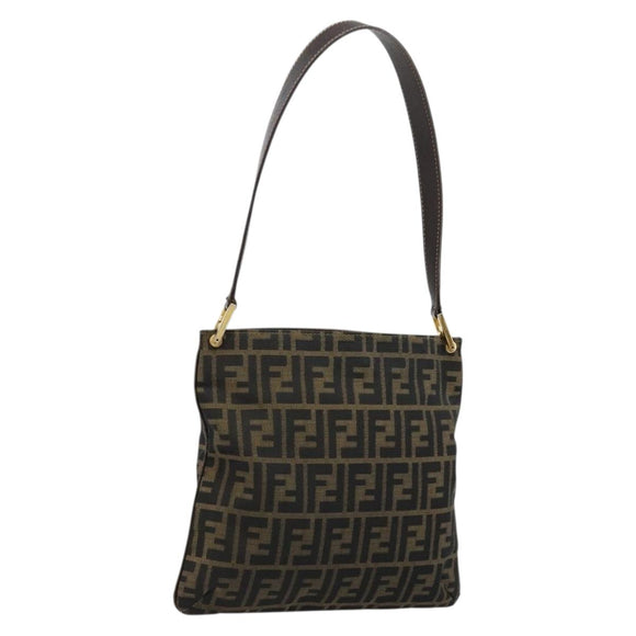 FENDI Zucca Canvas Shoulder Bag Black Brown Auth 175866