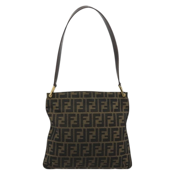 FENDI Zucca Canvas Shoulder Bag Black Brown Auth 175866