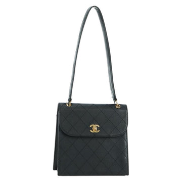 CHANEL Matelasse Shoulder Bag Caviar Skin Black Gold CC Auth 175887SAV