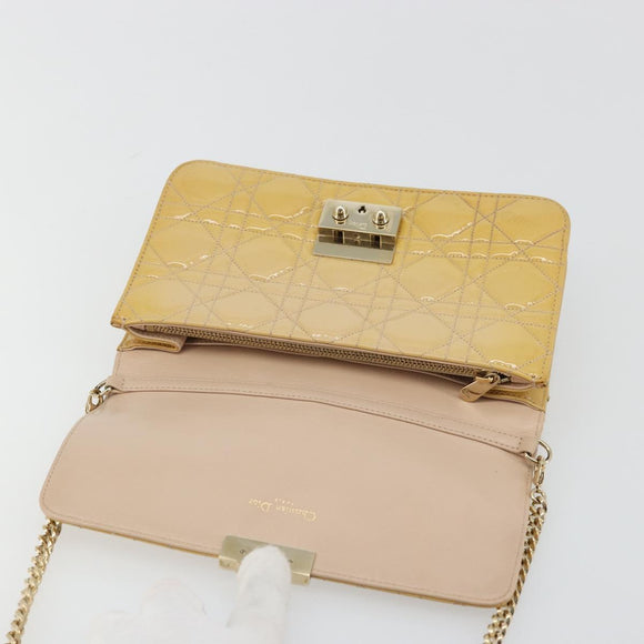 Christian Dior Canage Chain Shoulder Bag Patent Leather Beige Gold Auth 175889