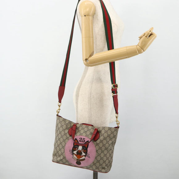 GUCCI GG Supreme Mystic Cat Hand Bag PVC 2way Beige Gold 473887 Auth 175893A