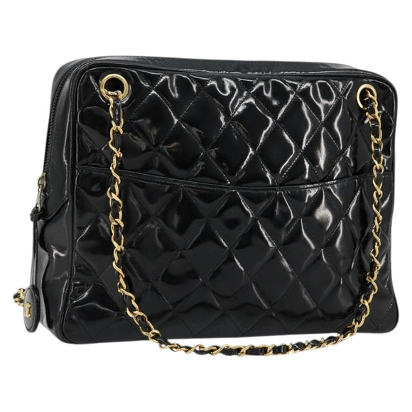 CHANEL Matelasse Chain Shoulder Bag Patent leather Black Gold CC Auth 175899