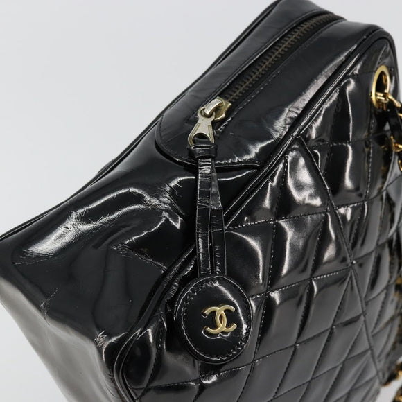 CHANEL Matelasse Chain Shoulder Bag Patent leather Black Gold CC Auth 175899