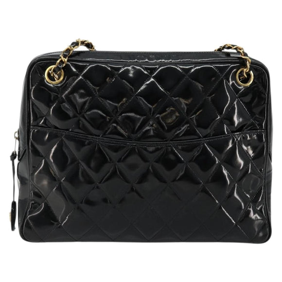 CHANEL Matelasse Chain Shoulder Bag Patent leather Black Gold CC Auth 175899