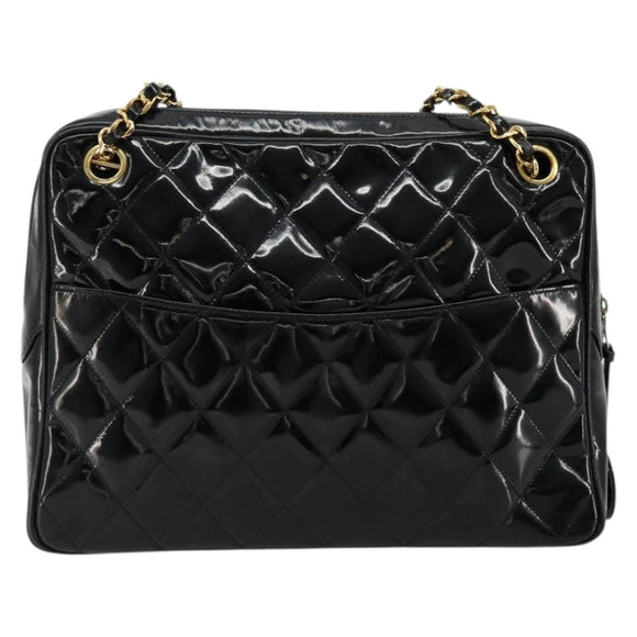 CHANEL Matelasse Chain Shoulder Bag Patent leather Black Gold CC Auth 175899