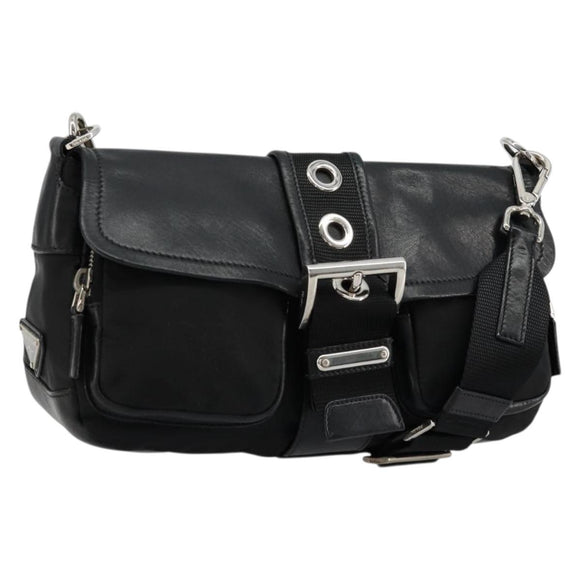 PRADA Shoulder Bag Nylon Leather Black Silver Auth 175925A