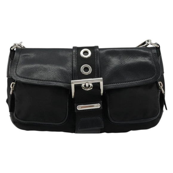 PRADA Shoulder Bag Nylon Leather Black Silver Auth 175925A