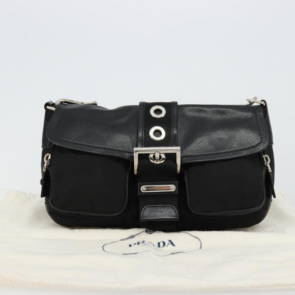 PRADA Shoulder Bag Nylon Leather Black Silver Auth 175925A