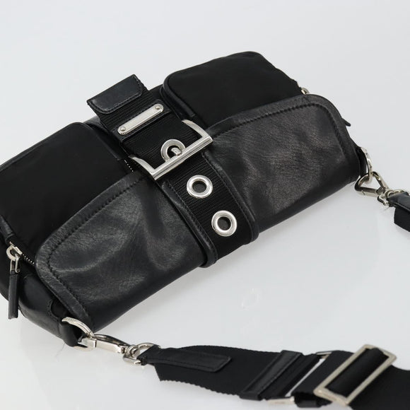 PRADA Shoulder Bag Nylon Leather Black Silver Auth 175925A