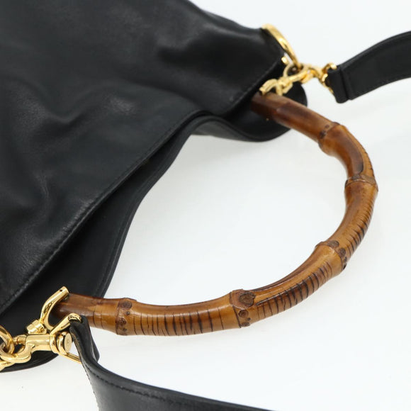 GUCCI Bamboo Shoulder Bag Leather 2way Black Gold Auth 175954