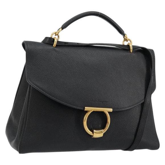 Salvatore Ferragamo Gancini Shoulder Bag Leather Black Gold Auth 175970A