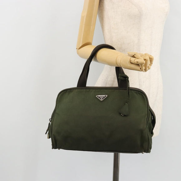 PRADA Hand Bag Nylon Khaki Silver Auth 175996