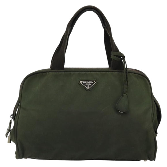 PRADA Hand Bag Nylon Khaki Silver Auth 175996