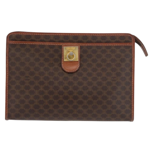 CELINE Macadam Canvas Clutch Bag PVC Leather Brown Gold Auth 176026