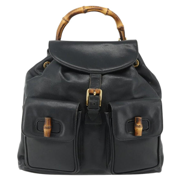 GUCCI Bamboo Backpack Leather Black Gold 003 1998 0016 Auth 176041