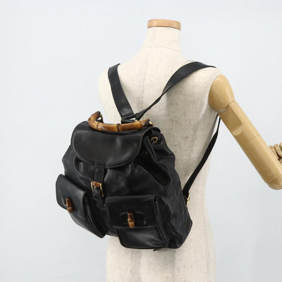GUCCI Bamboo Backpack Leather Black Gold 003 1998 0016 Auth 176041