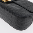 Salvatore Ferragamo Gancini Croco Embossed Bag Leather Black Gold Auth 176066A-14