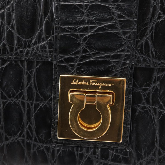 Salvatore Ferragamo Gancini Croco Embossed Bag Leather Black Gold Auth 176066A