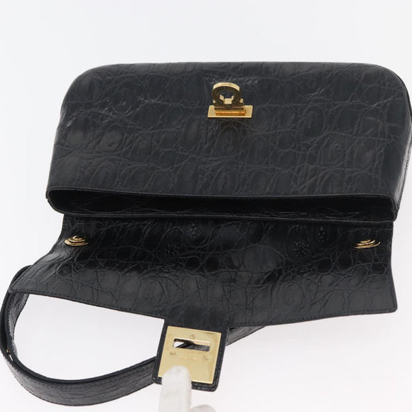 Salvatore Ferragamo Gancini Croco Embossed Bag Leather Black Gold Auth 176066A