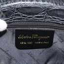 Salvatore Ferragamo Gancini Croco Embossed Bag Leather Black Gold Auth 176066A-12