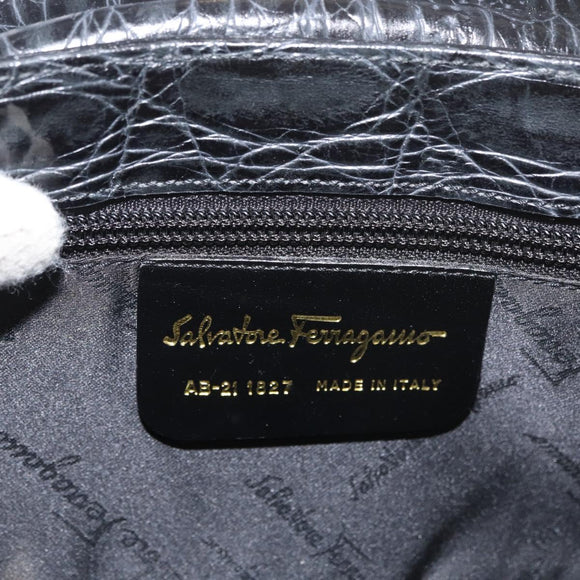 Salvatore Ferragamo Gancini Croco Embossed Bag Leather Black Gold Auth 176066A