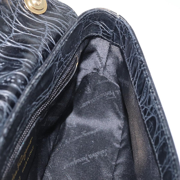 Salvatore Ferragamo Gancini Croco Embossed Bag Leather Black Gold Auth 176066A