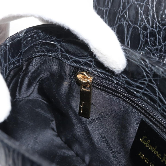 Salvatore Ferragamo Gancini Croco Embossed Bag Leather Black Gold Auth 176066A