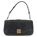 Salvatore Ferragamo Gancini Croco Embossed Bag Leather Black Gold Auth 176066A-13