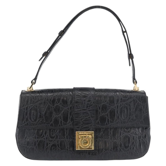 Salvatore Ferragamo Gancini Croco Embossed Bag Leather Black Gold Auth 176066A