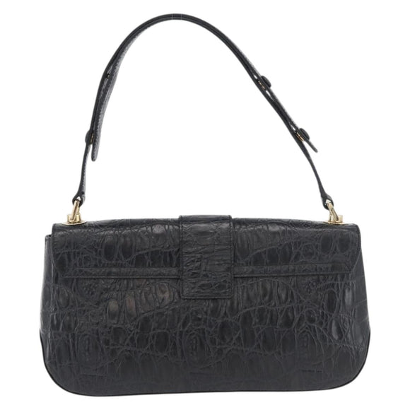 Salvatore Ferragamo Gancini Croco Embossed Bag Leather Black Gold Auth 176066A