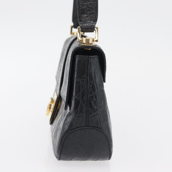 Salvatore Ferragamo Gancini Croco Embossed Bag Leather Black Gold Auth 176066A