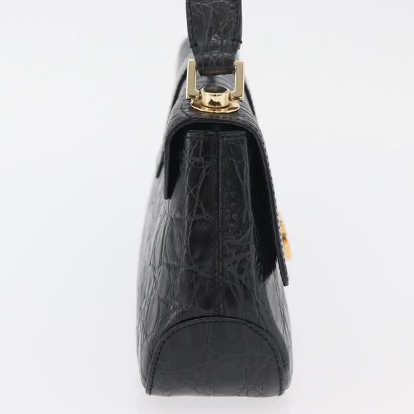 Salvatore Ferragamo Gancini Croco Embossed Bag Leather Black Gold Auth 176066A