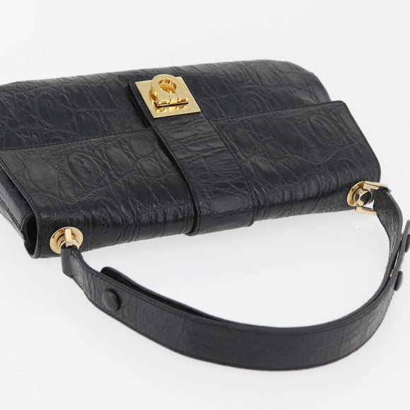Salvatore Ferragamo Gancini Croco Embossed Bag Leather Black Gold Auth 176066A