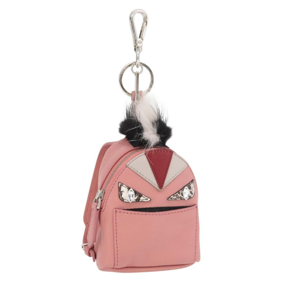 FENDI Monster Eyes Bag Charm Leather Pink Silver Auth 176072A