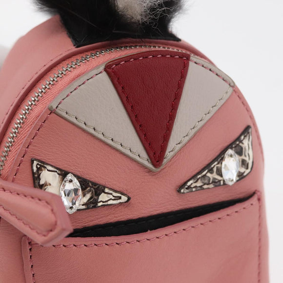 FENDI Monster Eyes Bag Charm Leather Pink Silver Auth 176072A