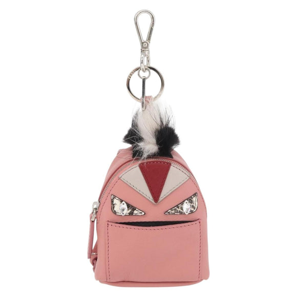 FENDI Monster Eyes Bag Charm Leather Pink Silver Auth 176072A