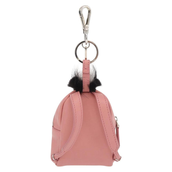 FENDI Monster Eyes Bag Charm Leather Pink Silver Auth 176072A