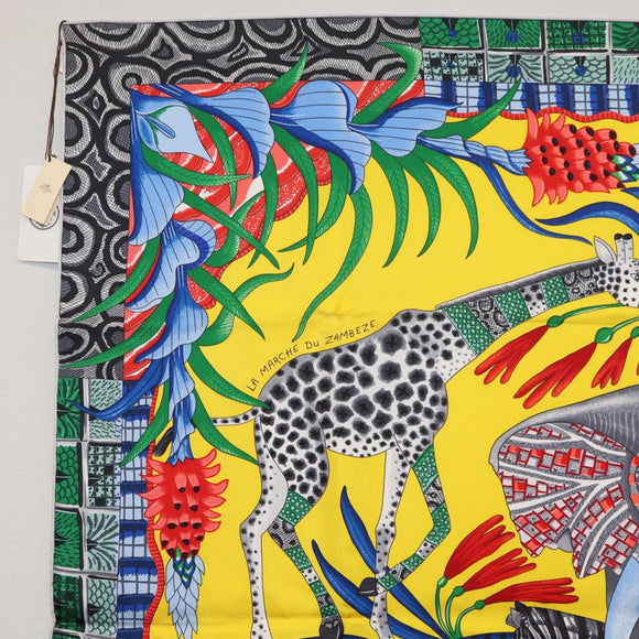 HERMES Carre 90 Scarf ""LA MARCHE DU ZAMBEZE"" Silk Multicolor Auth 176082V