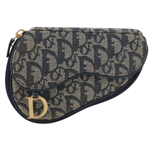 Christian Dior Trotter Canvas Saddle Pouch Navy Gold Auth 176085A