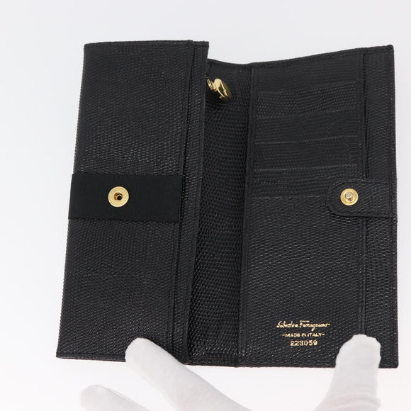 Salvatore Ferragamo Vala Long Wallet Leather Black Gold Auth 176114A