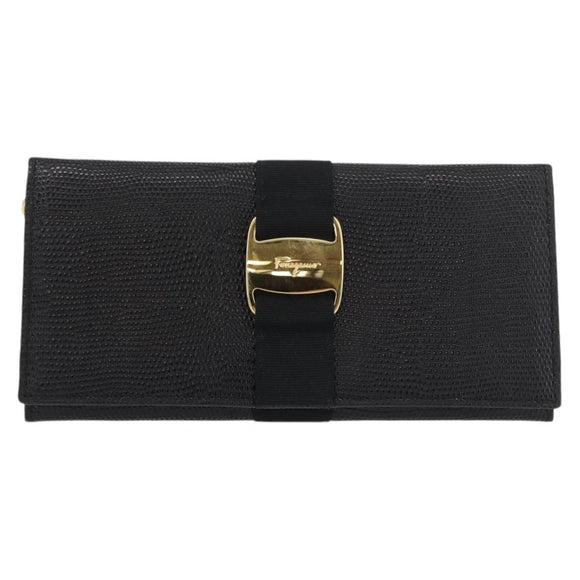 Salvatore Ferragamo Vala Long Wallet Leather Black Gold Auth 176114A