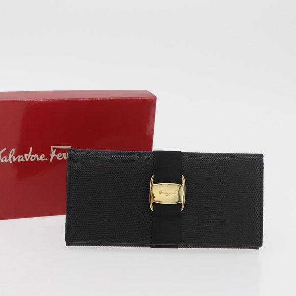 Salvatore Ferragamo Vala Long Wallet Leather Black Gold Auth 176114A