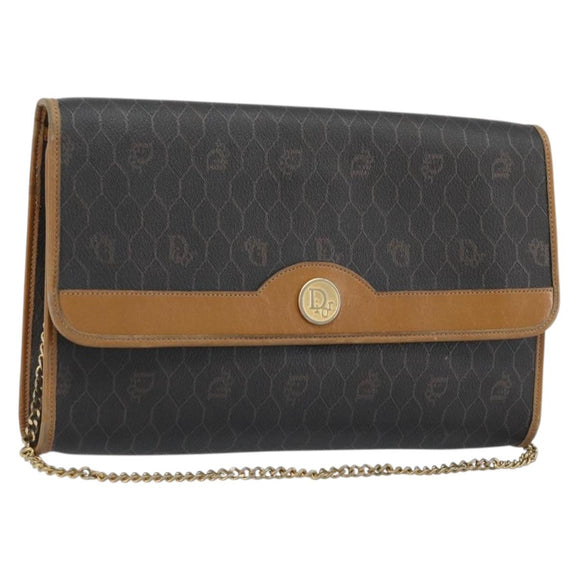 Christian Dior Honeycomb Canvas Chain Shoulder Bag PVC Black Gold Auth 176131