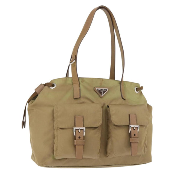 PRADA Hand Bag Nylon Khaki Silver Auth 176138