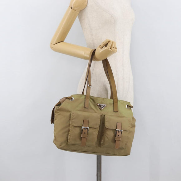 PRADA Hand Bag Nylon Khaki Silver Auth 176138