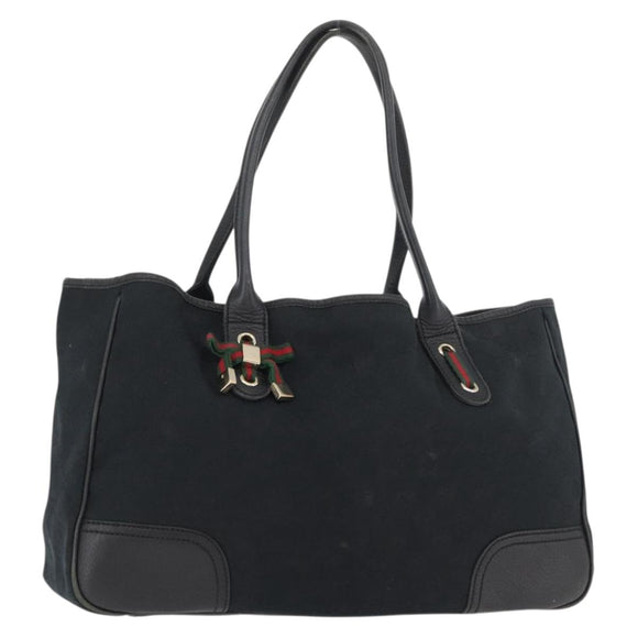 GUCCI GG Canvas Web Sherry Line Pretty Tote Bag Black Gold 163805 Auth 176182