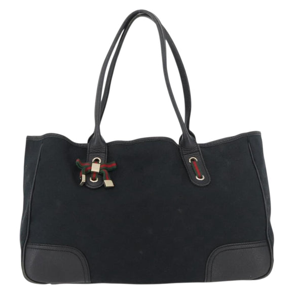 GUCCI GG Canvas Web Sherry Line Pretty Tote Bag Black Gold 163805 Auth 176182