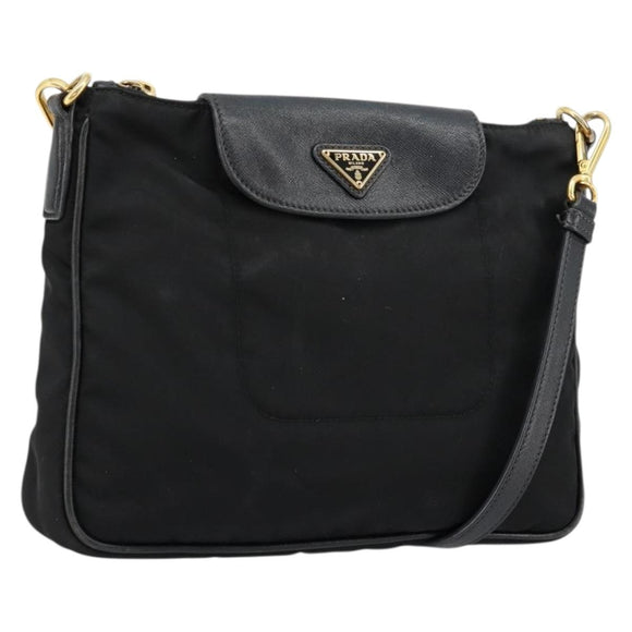 PRADA Shoulder Bag Nylon Black Gold Auth 176186A