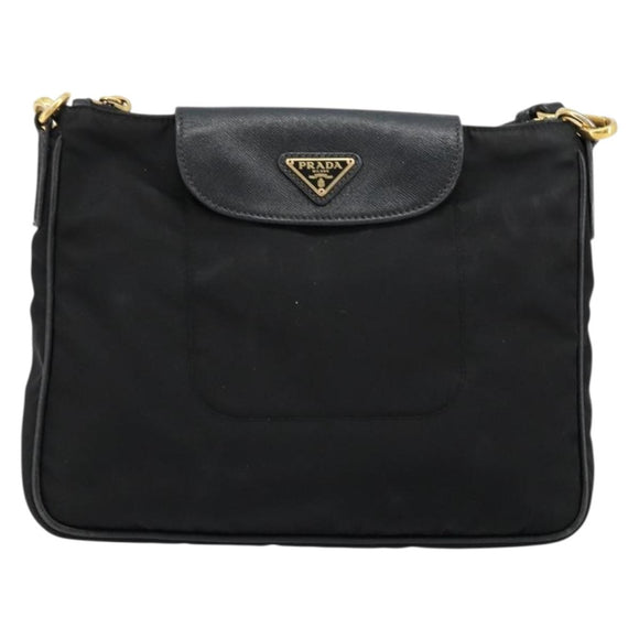 PRADA Shoulder Bag Nylon Black Gold Auth 176186A